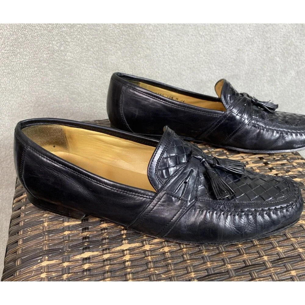 Johnston Murphy Mens Loafers Leather Black Dress Shoes 10.5M Woven Tassel